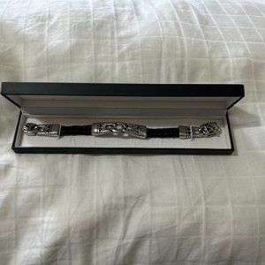 Coolman Men's Leather Bracelet Black and Silver Cuff Bracelet for Men- NEW